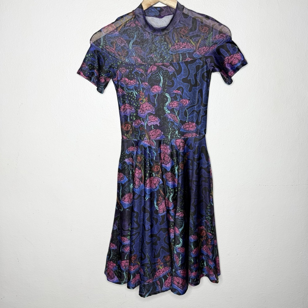 Blackmilk Garden Of Nutrients Floral sheer Splice Mesh Skater Dress Women's XS